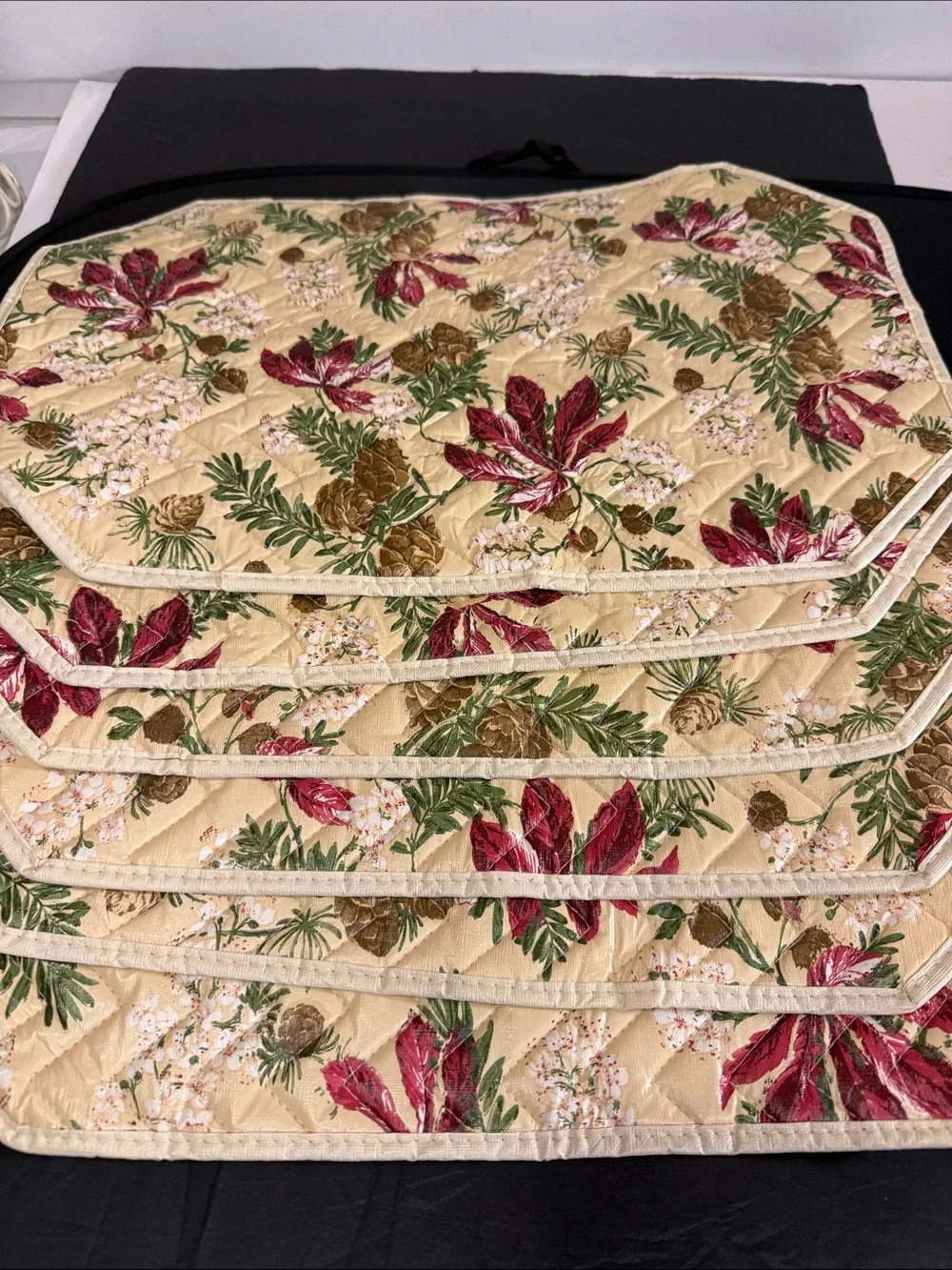 Sears Cream Quilted Placemat with Red Floral and Green Leaves easy clean